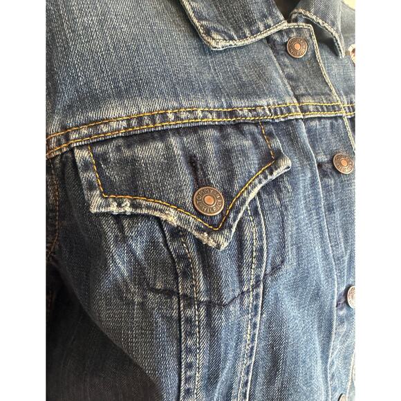 Tommy Hilfiger Denim Jacket Embroidered Bird Heart Patch Blue Trucker Womens M - Picture 6 of 11